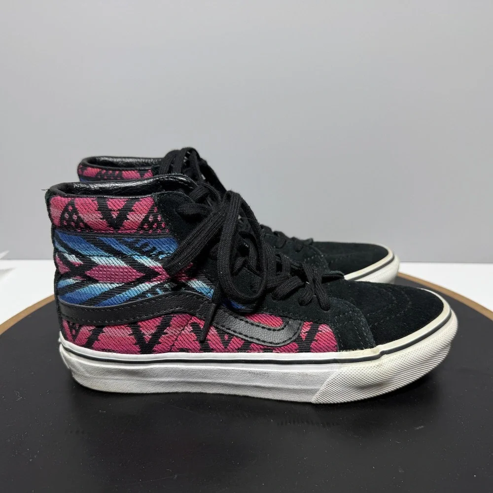 Vans Sk8 Hi Women Size 5 Geometric Tribal Woven High Top Black Pink Skate Casual